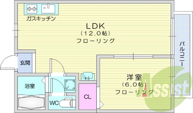 1LDK、エアコン、バルコニー、フローリング、給湯