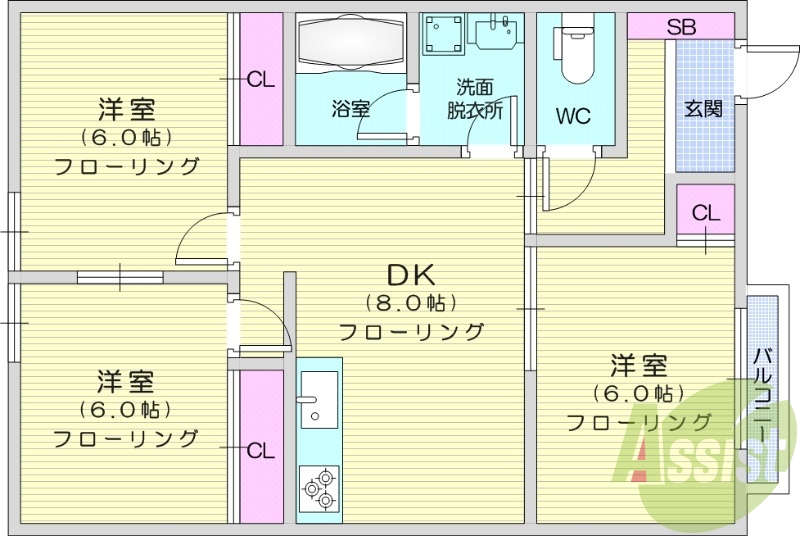 3DK、エアコン、IH、オール電化、独立洗面台