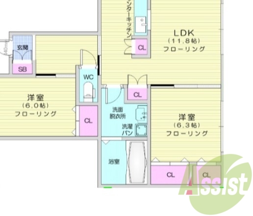 2LDK、TVインターホン、洗髪洗面化粧台、全室エアコン付き