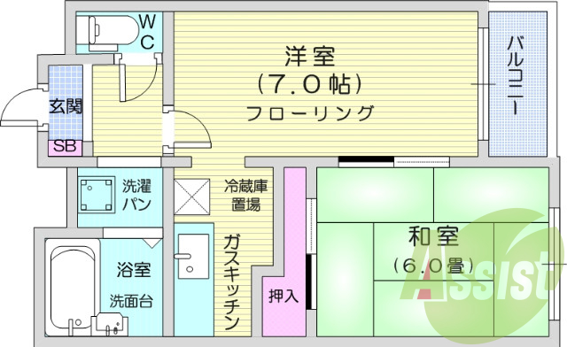 2K、和室、ガスキッチン、室内洗濯機置き場、バストイレ別