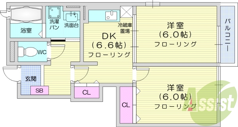 ２DK、独立洗面台、浴室乾燥機、インターネット料不要
