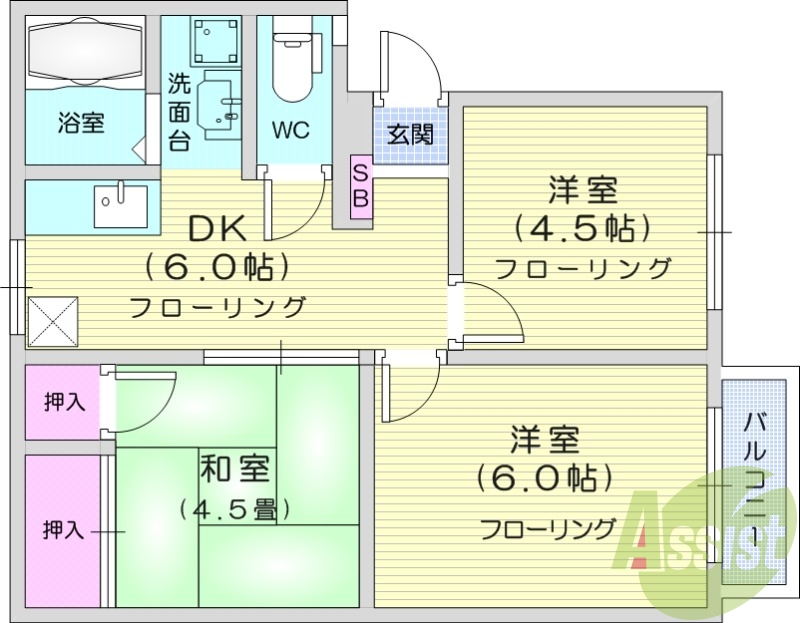 3DK、バストイレ別、エアコン、室内洗濯機置場
