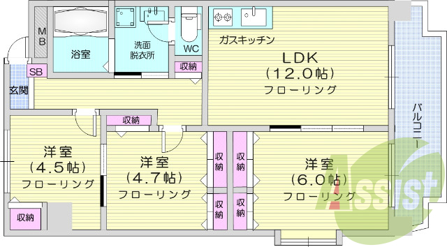 3LDK、追い炊き、エアコン、クローゼット、独立洗面台