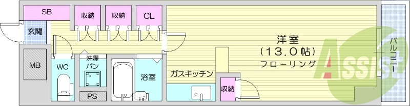 1R、ベランダ付、温水洗浄便座付、都市ガス、エアコン、給湯
