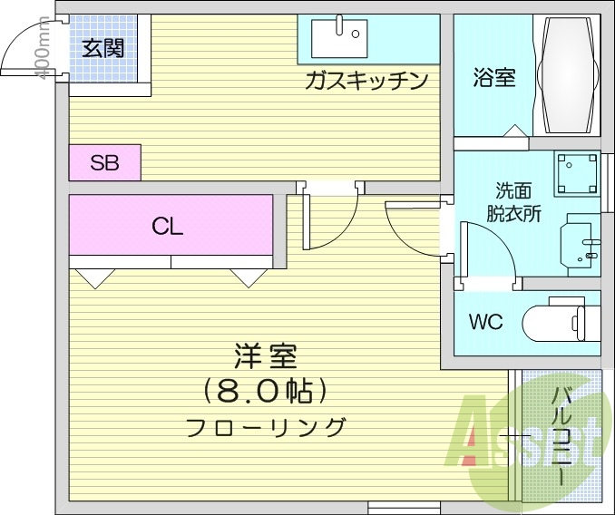 1K、独立洗面台、カメラ付インターホン、南向き、バストイレ別