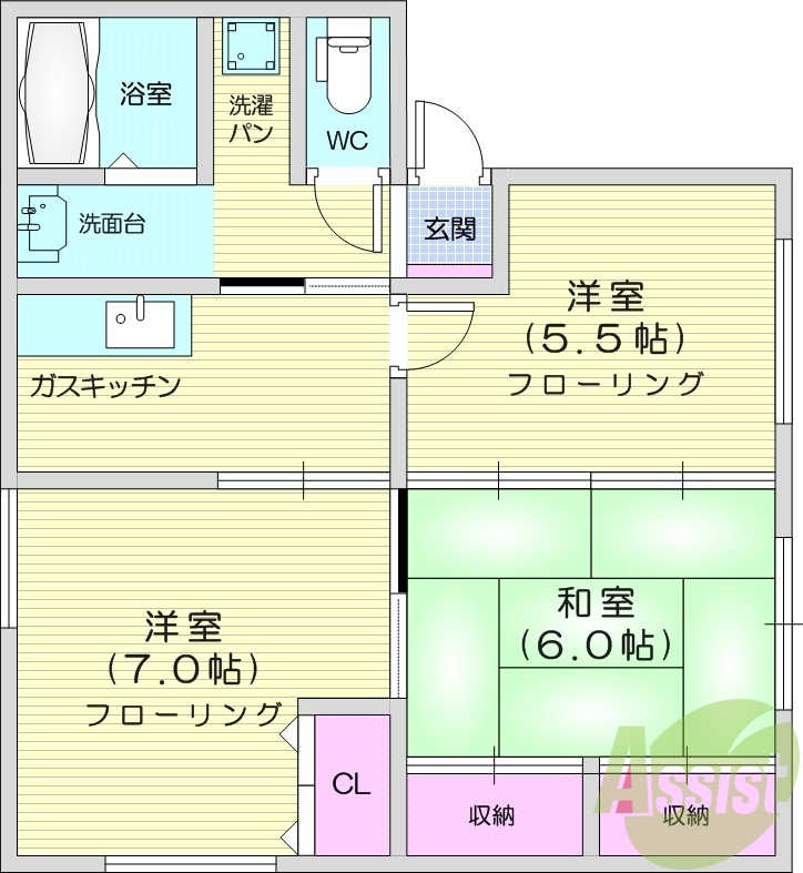 3K、追い焚き、洗面所独立、バストイレ別、角部屋