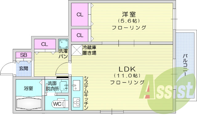1LDK、システムキッチン、エアコン、洗面化粧台
