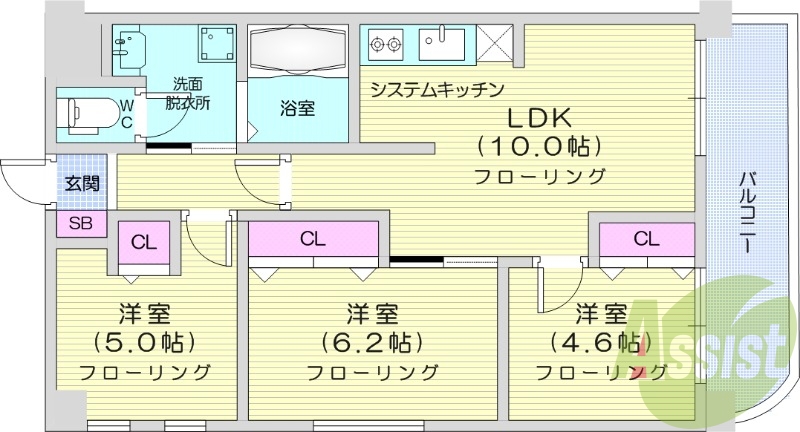 3LDK、都市ガス、独立洗面台、ネット無料、三口ガスコンロ。