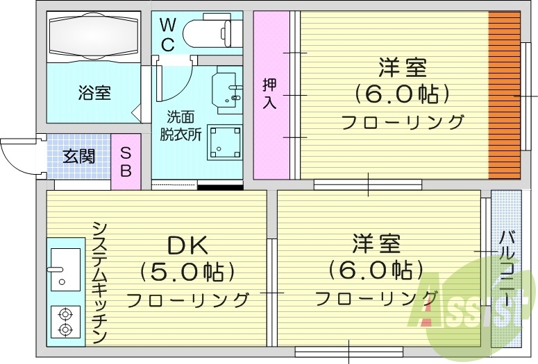 2DK、バルコニー、システムキッチン、南東向き