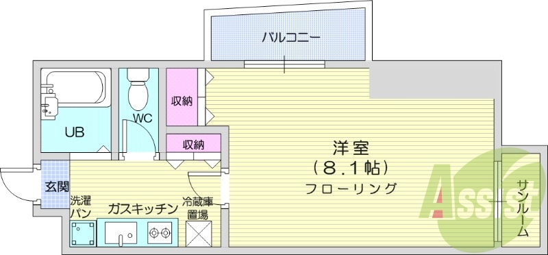1K、洋室8.1帖、2口コンロ、サンルーム付き