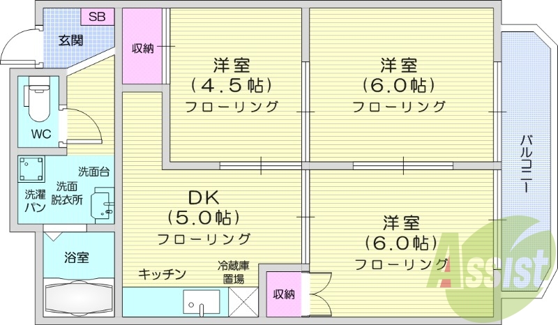 3DK、ペット可能、都市ガス、追い焚き、独立洗面台