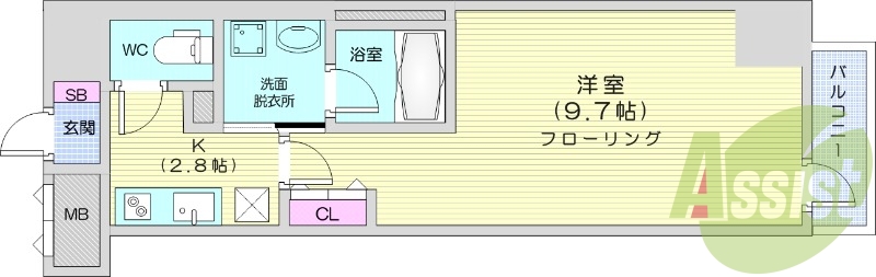 1K、洋室9.7帖、2口IHクッキングヒーター