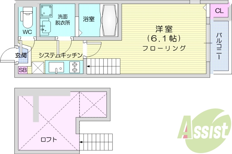 1K、フローリング、デザイナーズ、ロフト。
