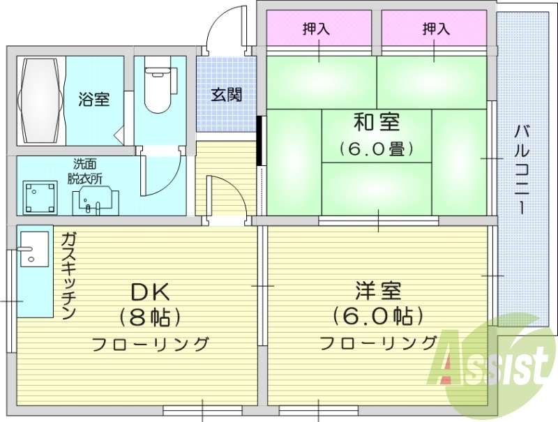 2DK、フローリング、和室、追い焚き機能付給湯器