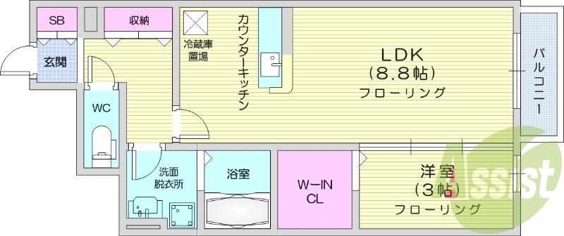 1LDK、フローリング、浴室乾燥機、モニター付きインターホン