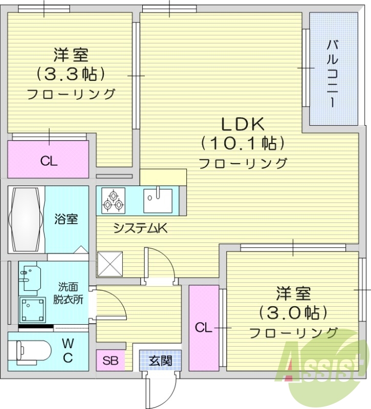 2LDK　都市ガス　システムキッチン　ネット無料　追い焚き
