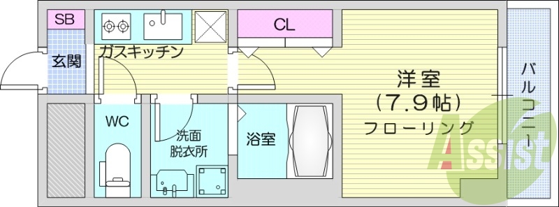 1K、エアコン、都市ガス、追い焚き、バストイレ別、収納