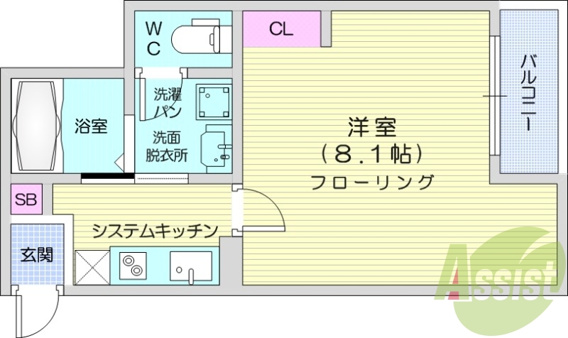 1K、追い焚き、オートロック、浴室乾燥機。