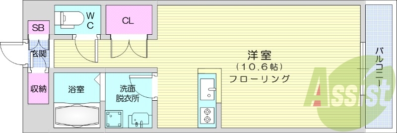 1R、フローリング、バルコニー、クローゼット
