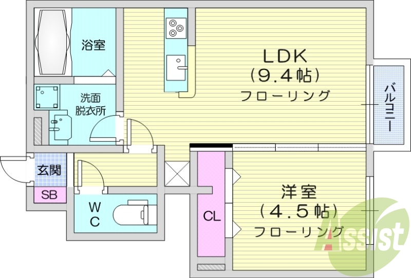 1LDK、南向き、バストイレ別、インターネット無料