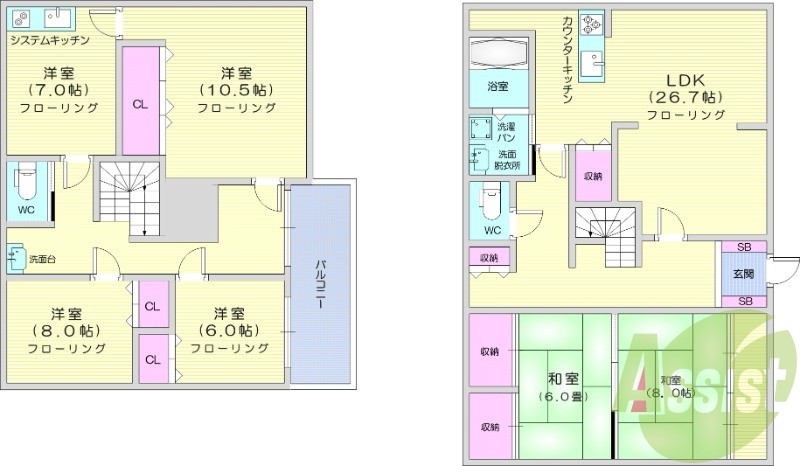 6LDK、追い焚き、浴室乾燥、洗面台、パントリー、エアコン