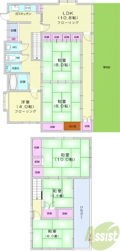 6LDK、都市ガス、専用庭、フローリング、和室。