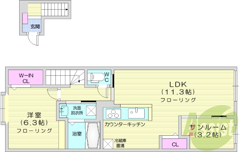 1LDKフローリング、追い炊き付給湯器、独立洗面台