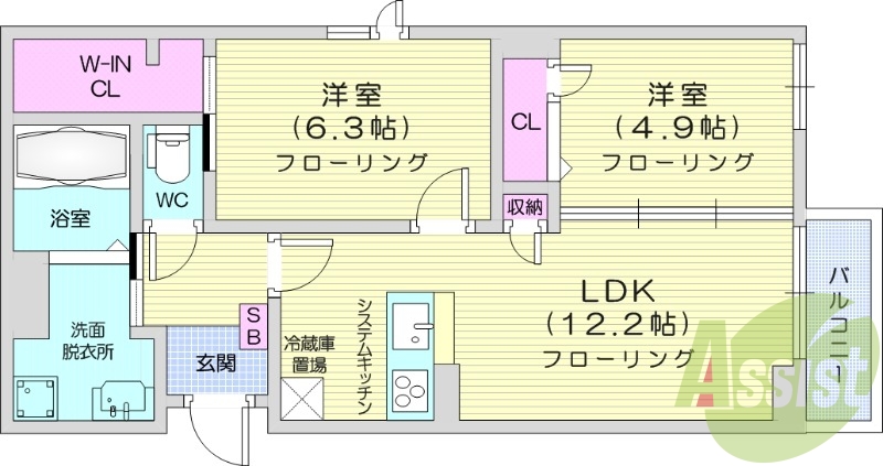 2LDK、エアコン3基、収納、システムキッチン、BS、CS
