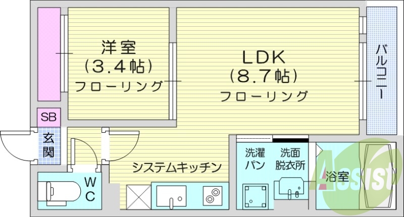 1LDK、ネット無料、独立洗面台、オートロック。