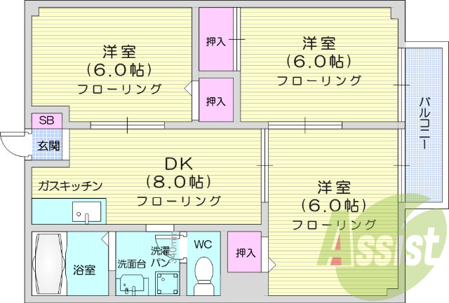 3DK、独立洗面台、シューズボックス、エアコン、収納