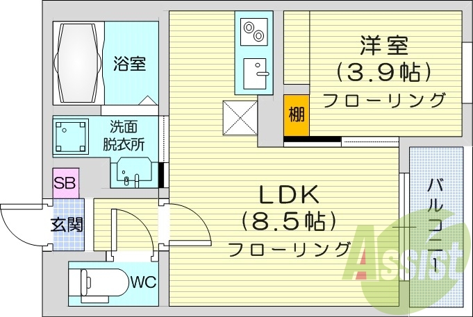 1LDK、システムキッチン、エアコン、独立洗面台、収納
