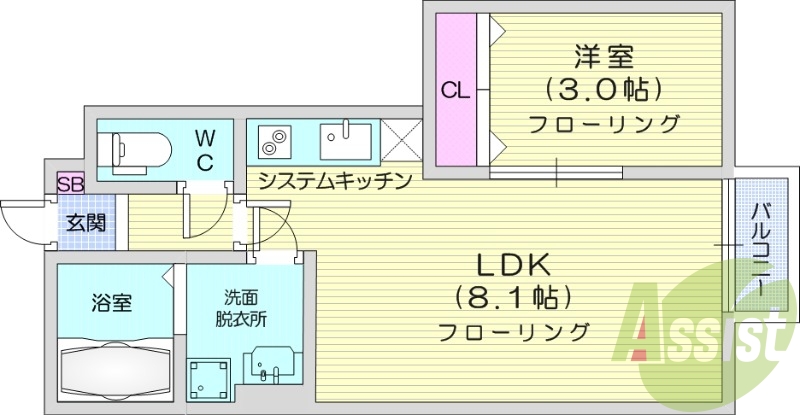 1LDK、バルコニー、システムキッチン、追い焚き、浴室乾燥機