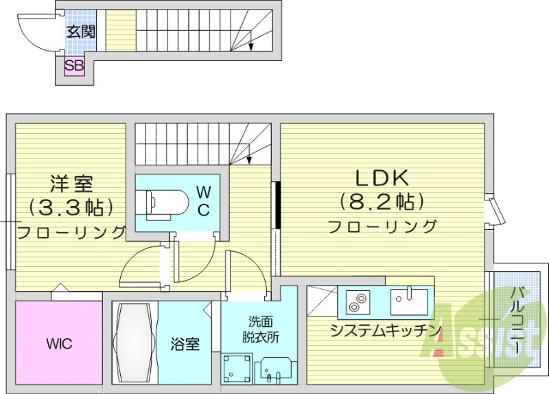 1LDK、バルコニー、システムキッチン、追い焚き、浴室乾燥機