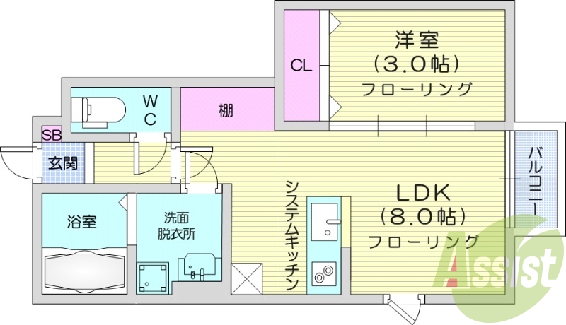 1LDK、バルコニー、システムキッチン、浴室乾燥機、追い焚き