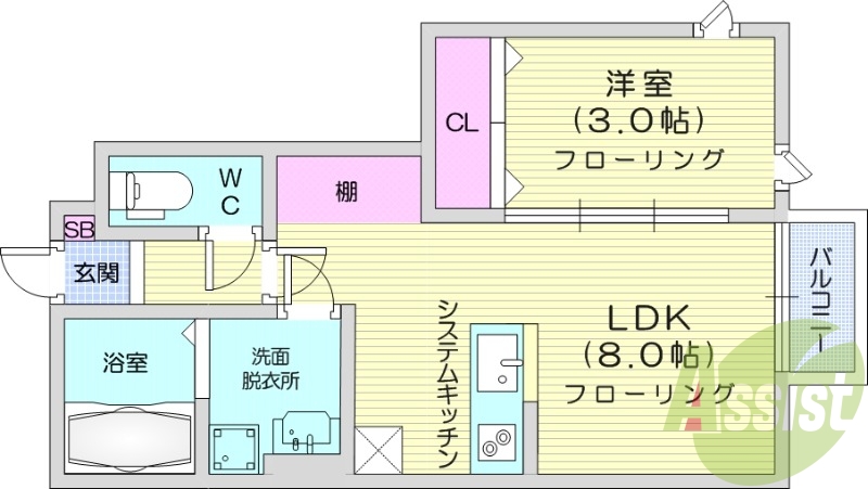 1LDK、バルコニー、システムキッチン、浴室乾燥機、追い焚き