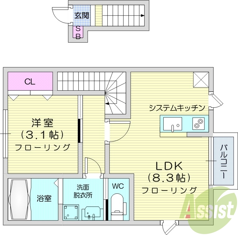 1LDK、バルコニー、システムキッチン、浴室乾燥機、追い焚き