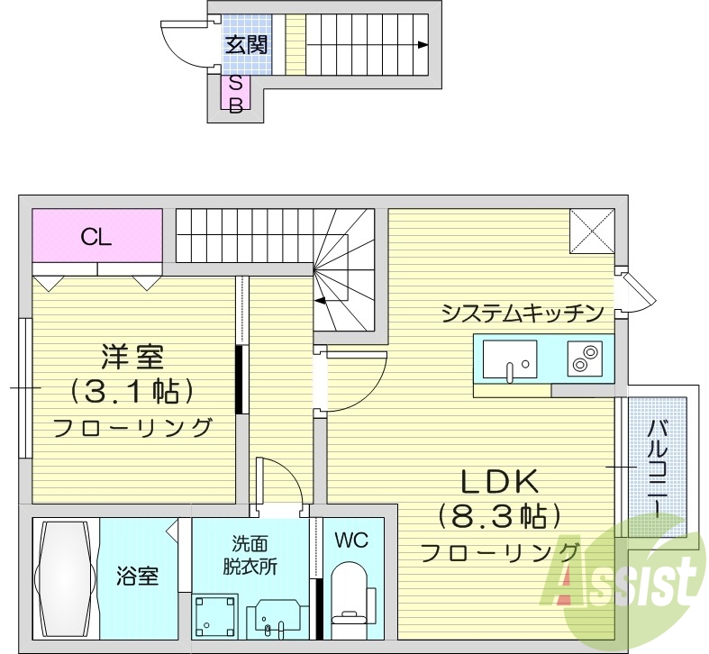 1LDK、バルコニー、システムキッチン、浴室乾燥機、追い焚き
