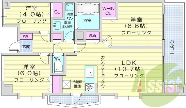 3LDK、モニター付きインターホン、バストイレ別。