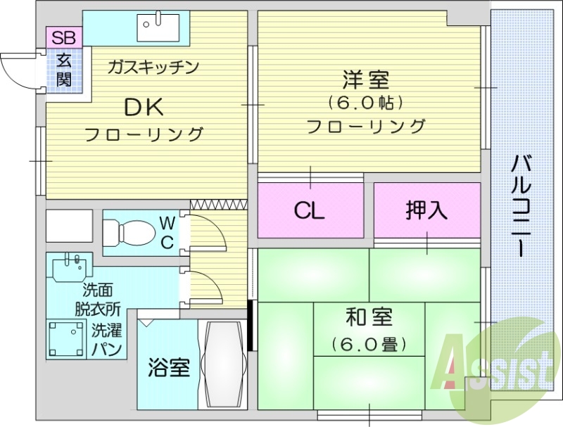 2DK、エアコン、都市ガス、洗面所独立、B.T別