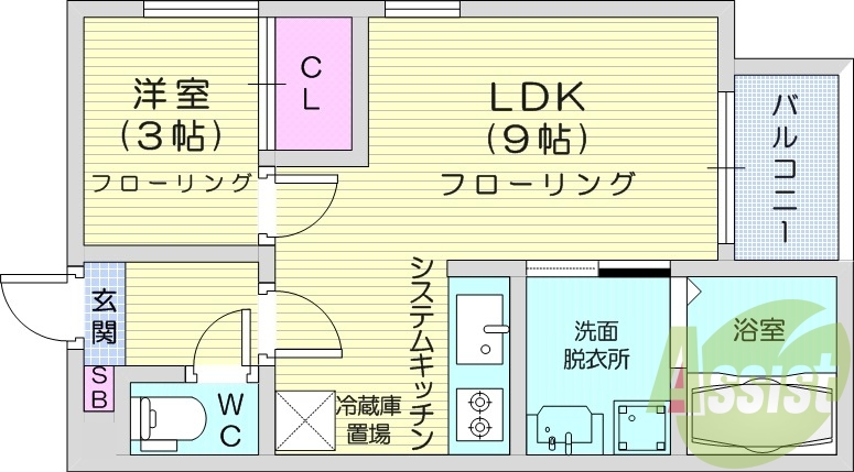 １LDK、浴室乾燥機、室内洗濯機置場、システムキッチン