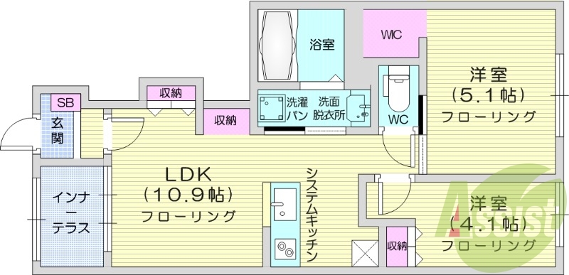 2LDK、ネット無料、独立洗面台、浴室乾燥機。