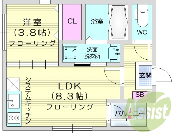 1LDK、フローリング、バストイレ別、エアコン。