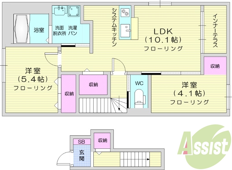 2LDK、ネット無料、宅配ボックス、防犯カメラ。