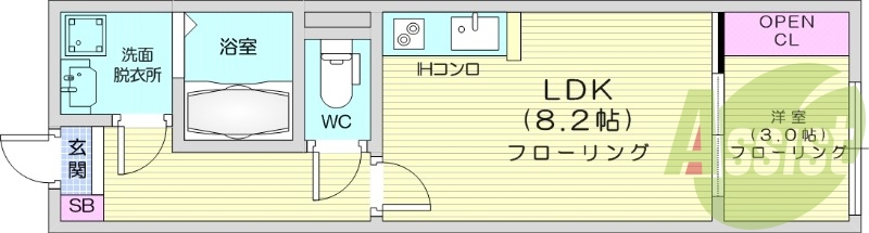 1LDK、都市ガス、IH、浴室乾燥、追炊き機能