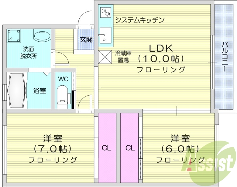 2LDK、オール電化、システムキッチン、バルコニー