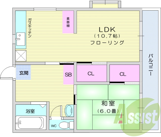 1LDK、バルコニー、追い焚き機能、室内洗濯機置き場