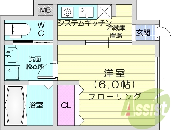 １K、インターネット使用料不要、システムキッチン