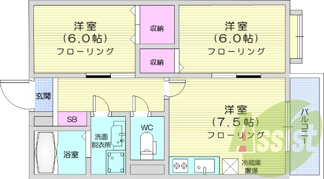 2DK、エアコン、バルコニー、給湯、クロゼット、バストイレ別