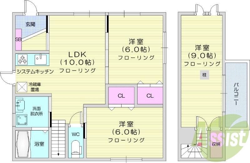 3LDK、浴室乾燥機、独立洗面台、エアコン。