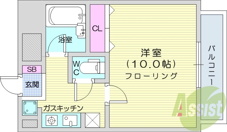 1K、都市ガス、バルコニー、ガスキッチン、バストイレ別